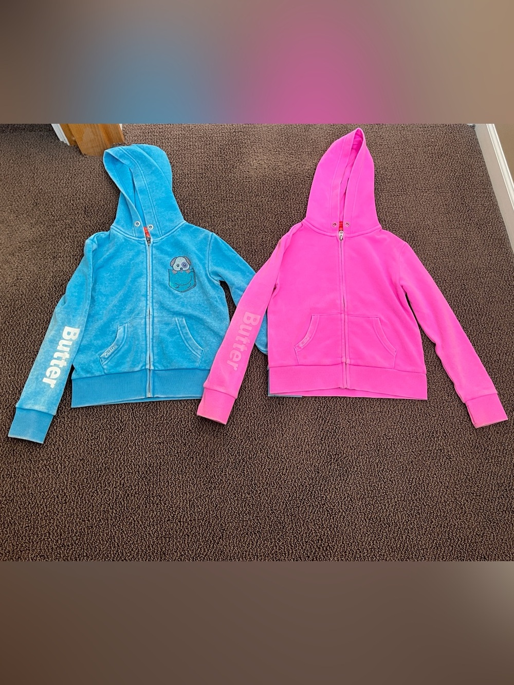2 Butter brand Pink and Blue Kids Zip Up Hoodies, Size S/7